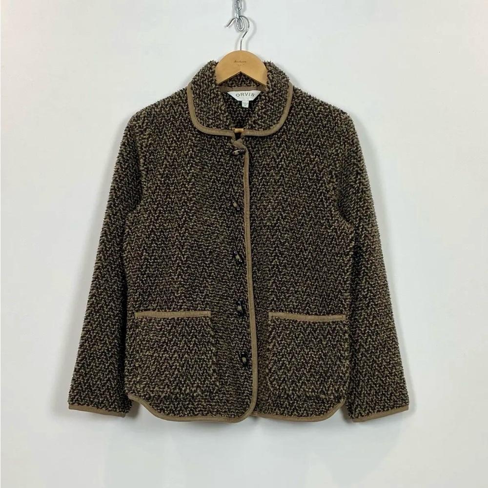 ORVIS Chevron Sherpa Fleece Field Jacket Black & Tan Brown Cardigan Coat